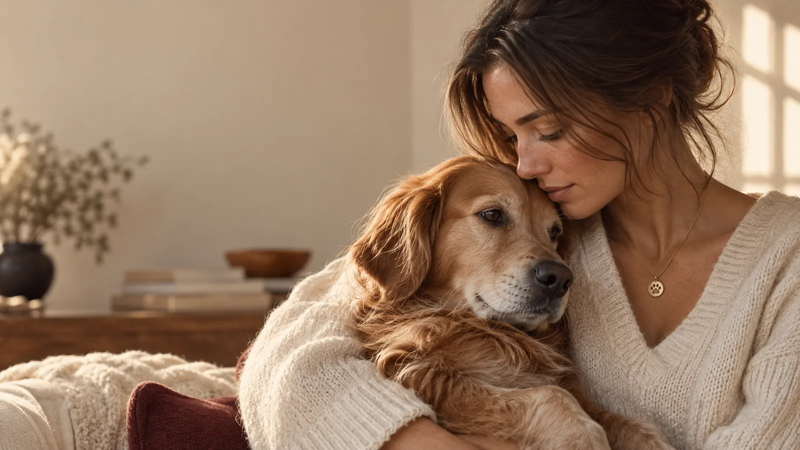 Persona junto a su perro con una joya artesanal de huella